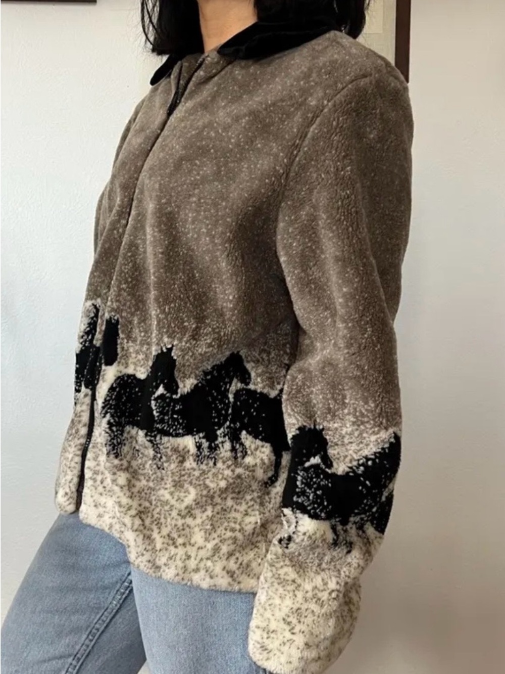 Vintage Horse Print Fleece Jacket